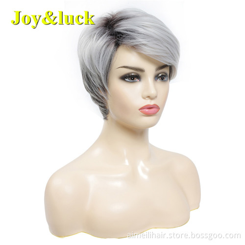 Woman Wig Wholesale Wigs for White Women Side Part Ladies Hair Black Root Silver Gray Natural Straight Short Synthetic Hair Wigs